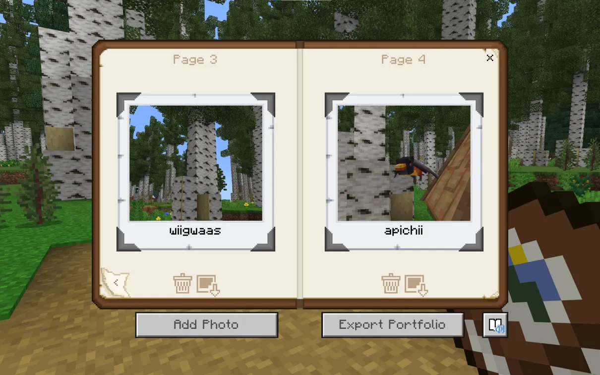 A Minecraft screenshot shows an open book with two polaroid pictures. One picture shows a birch tree with the caption wiigwaas. The other shows a robin with the caption apichii
