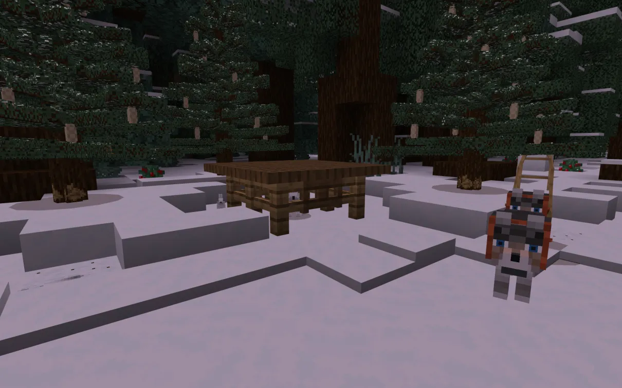 A Minecraft screenshot of a trap in a winter forest containing a white rabbit. On one side of the trap is a smaller white rabbit, and on the other is a dogsled.