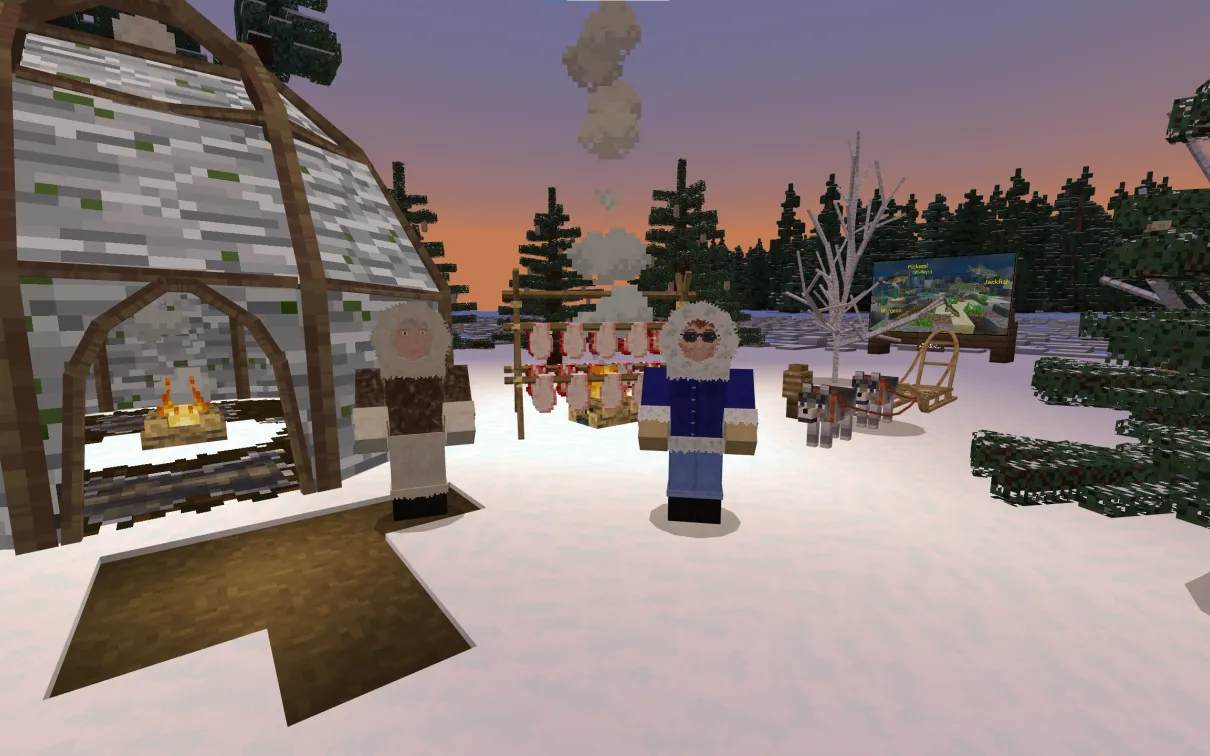 A Minecraft screenshot of two men in furry parkas standing in a snowy forest next to a wigwam made of birch bark. 