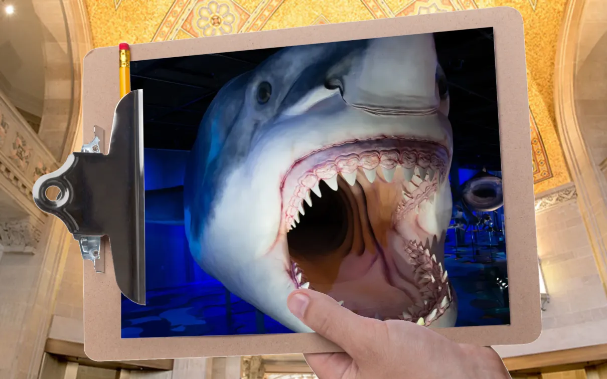 A hand holds a clipboard in front of a gallery with a mosaic ceiling. The clipboard is holding a picture of a huge shark with a gaping mouth.