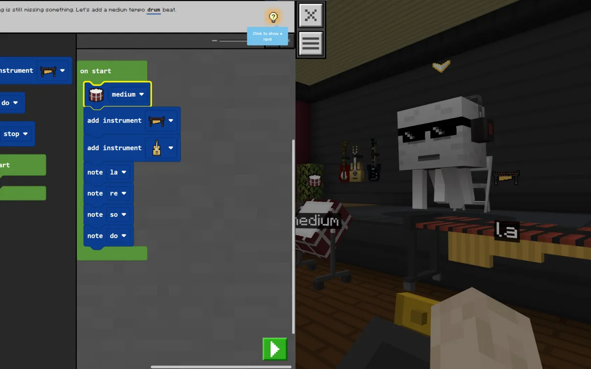 A Minecraft screenshot shows a window with code to play a song, superimposed over a ghast wearing sunglasses on a stage