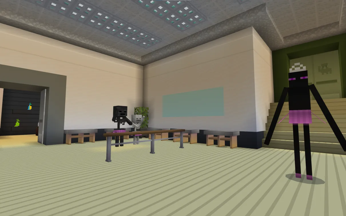 A minecraft screenshot of a tall black endermen and two skeletons in a dance studio, all wearing tutus