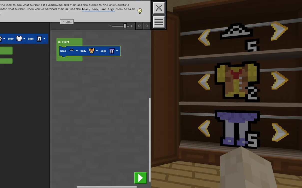 Number Sense A Minecraft screenshot of a code window matching clothing styles to a series of numbers displayed on the head, body, and legs costume elements in a wardrobe