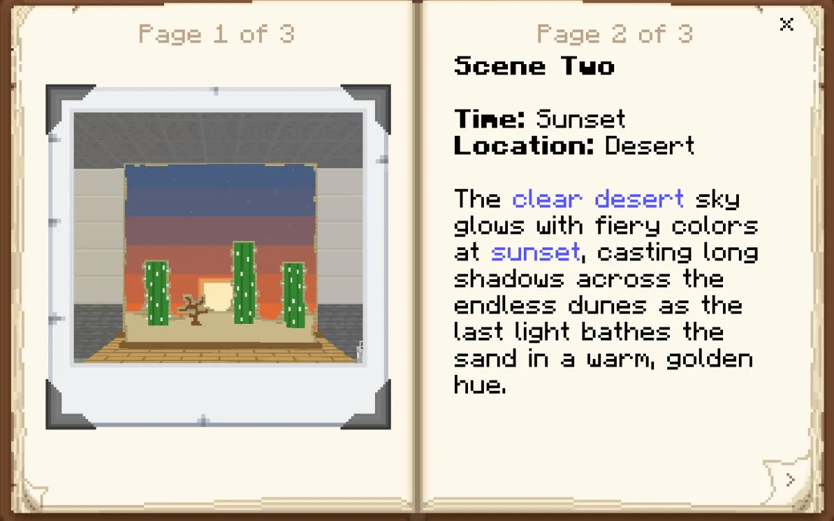 A minecraft screenshot showing a book. On the left page is a polaroid of a painted cardboard set showing a desert, cacti, and a sunset backdrop. On the right is text describing the scene, with key scene elements highlighted in blue
