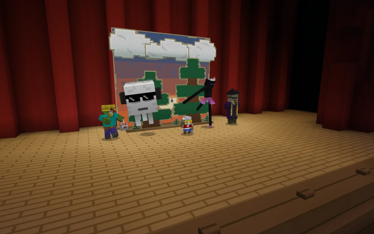 The Big Show A minecraft screenshot of a small robot standing on a stage, wearing costumes and dancing before a painted backdrop. Acting as backup dancers to the robot are a zombie in a construction helmet, an enderman with a tiara and tutu, a witch with glasses and a measuring tape, and a ghast with sunglasses and headphones.
