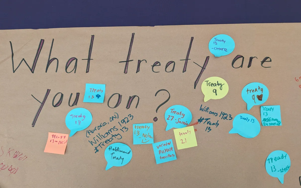A large piece of paper that says "what treaty are you on?" covered in post-its of responses