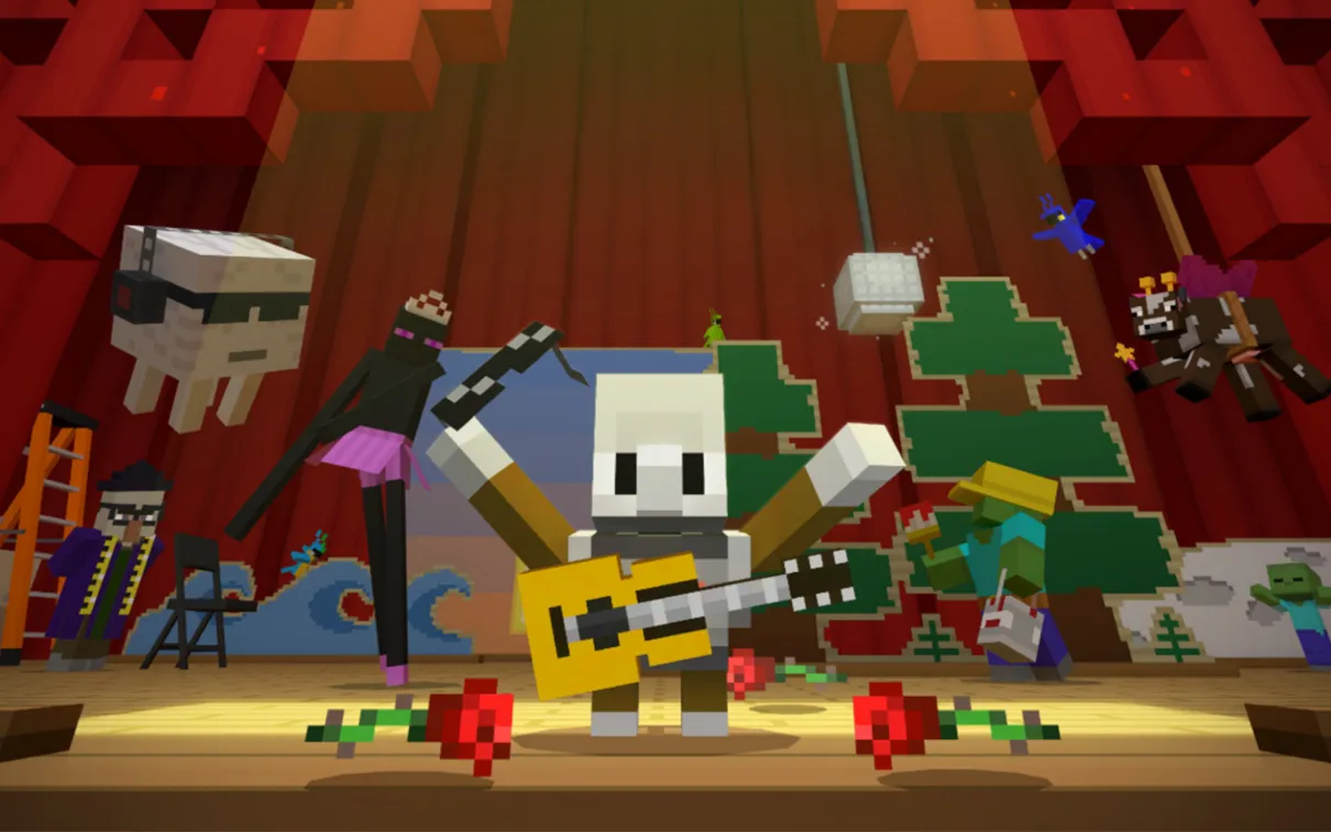 The Show Must Go On A Minecraft screenshot of a small robot standing on a stage surrounded by flowers. On stage around and behind the robot are wacky Minecraft creatures in a variety of theatrical poses.