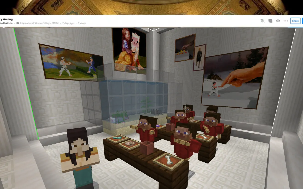 A Minecraft screenshot of a classroom. An aquarium sits on one wall. Students examine fossils, minerals, and pots on tables. A teacher stands at the front of the room.