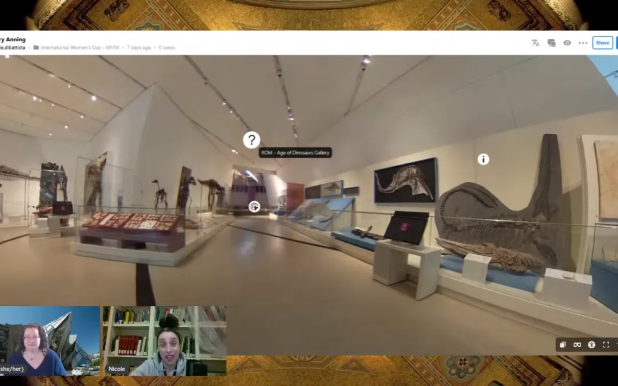 A screenshot of a gallery filled with dinosaur fossils. Two facecams of smiling women sit at the bottom left.