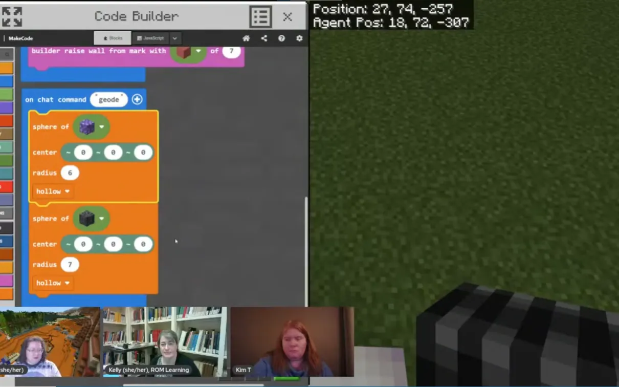 A Minecraft screenshot showing a coding window displaying the code needed to build a geode.