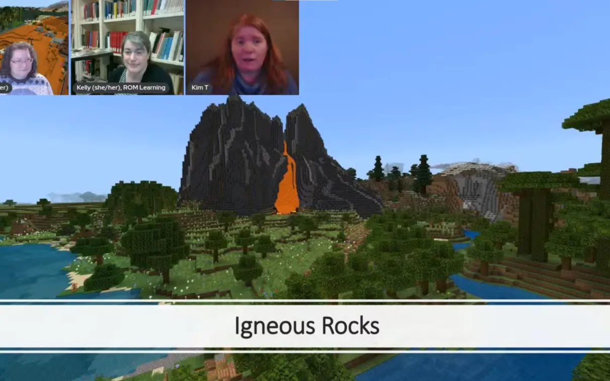 A Minecraft screenshot of a volcano with the words Igneous Rocks across the bottom. Three women appear in face cams at the top left of the image.