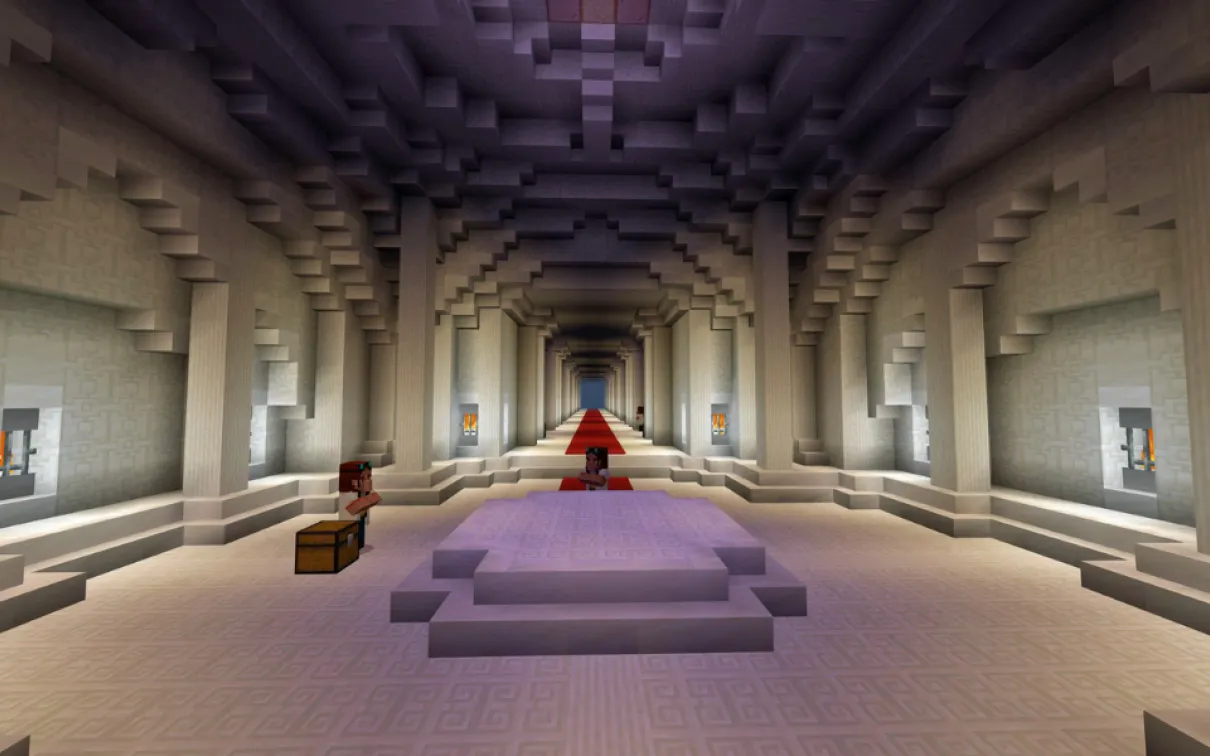 A Minecraft screenshot of a rotunda made of white stone, beyond which are hallways leading to museum displays