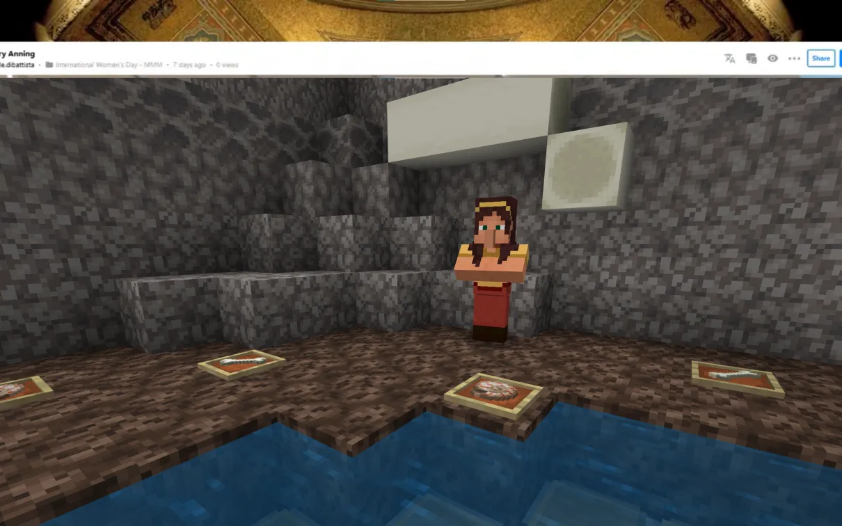 A Minecraft screenshot of a person standing on a beach. Layered walls containing bones are behind the person, and fossil bones and shells scatter the shore.