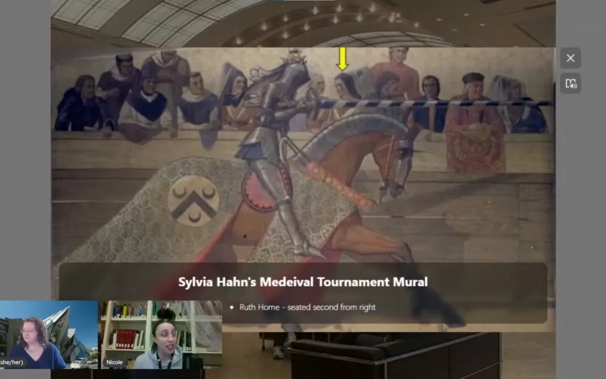 A screenshot of a painted mural with an arrow pointing at a woman in a hennin. Text reads Sylvia Hahn’s Medieval Tournament Mural. Two facecams of smiling women sit at the bottom left.