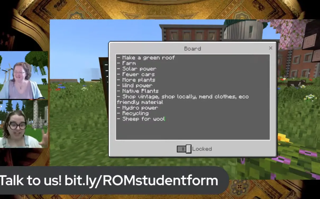 A Minecraft screenshot of an in-game chalkboard containing a list of climate change solutions