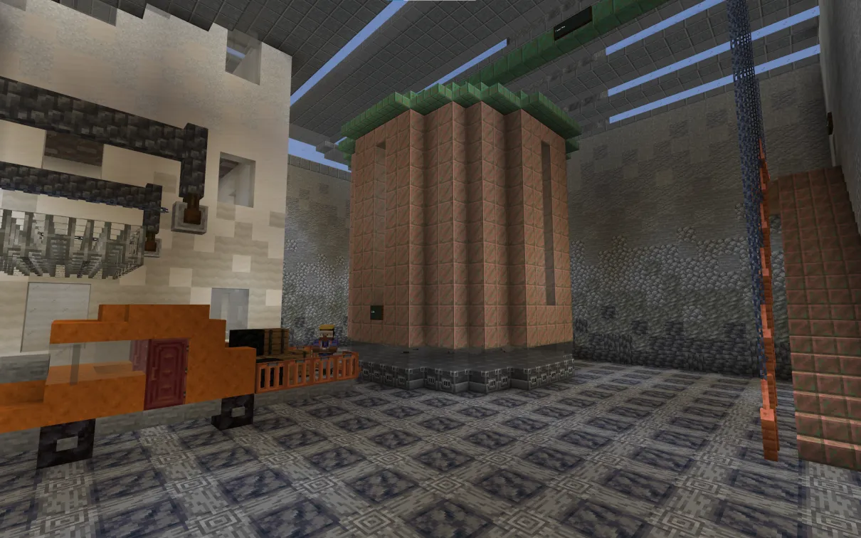 A Minecraft screenshot of a coal truck next to a large boiler in a power plant.