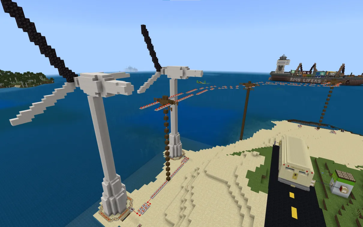 A Minecraft screenshot of two white windmills, each with one black blade, connected by power lines.