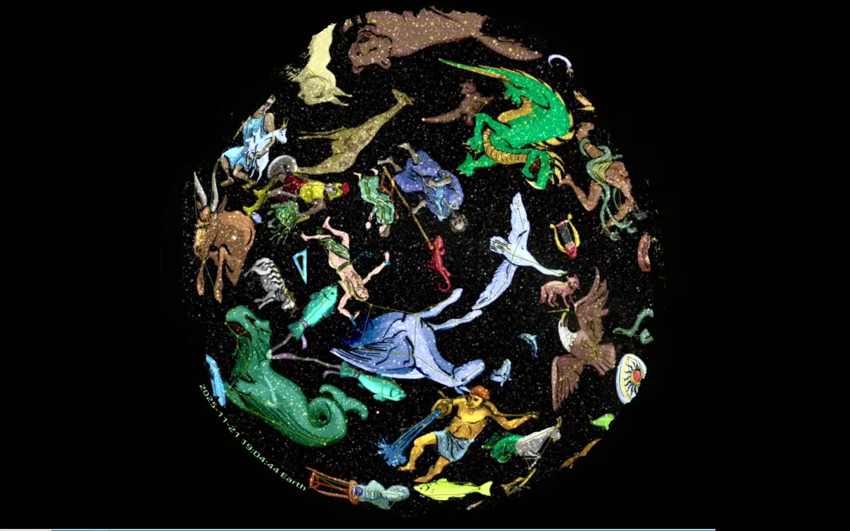 A screenshot of a virtual night sky, with colourful illustrations representing constellations superimposed over their respective star patterns.