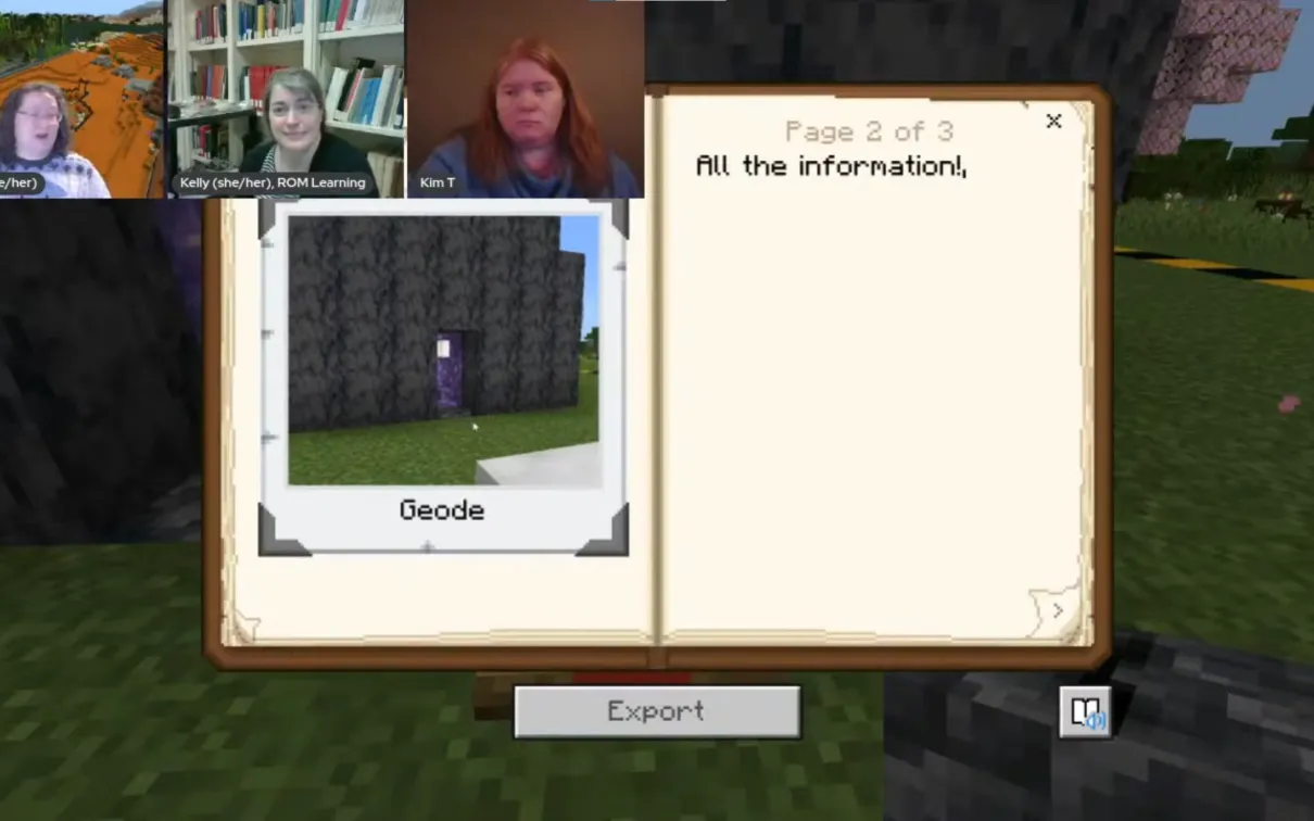 A screenshot of an open Minecraft book displaying a picture labelled geode on one page, and descriptive text on the other.