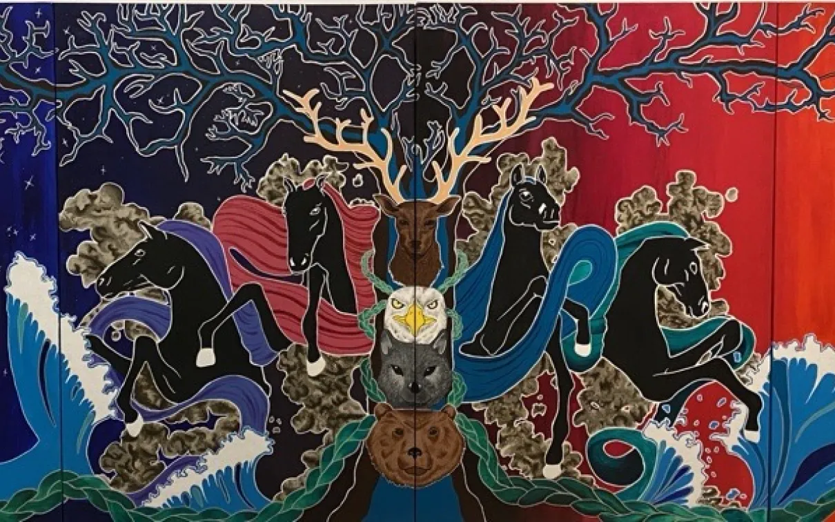 A colourful painted mural depicting stories and  teachings from a program called Youth Cabinet at ROM.