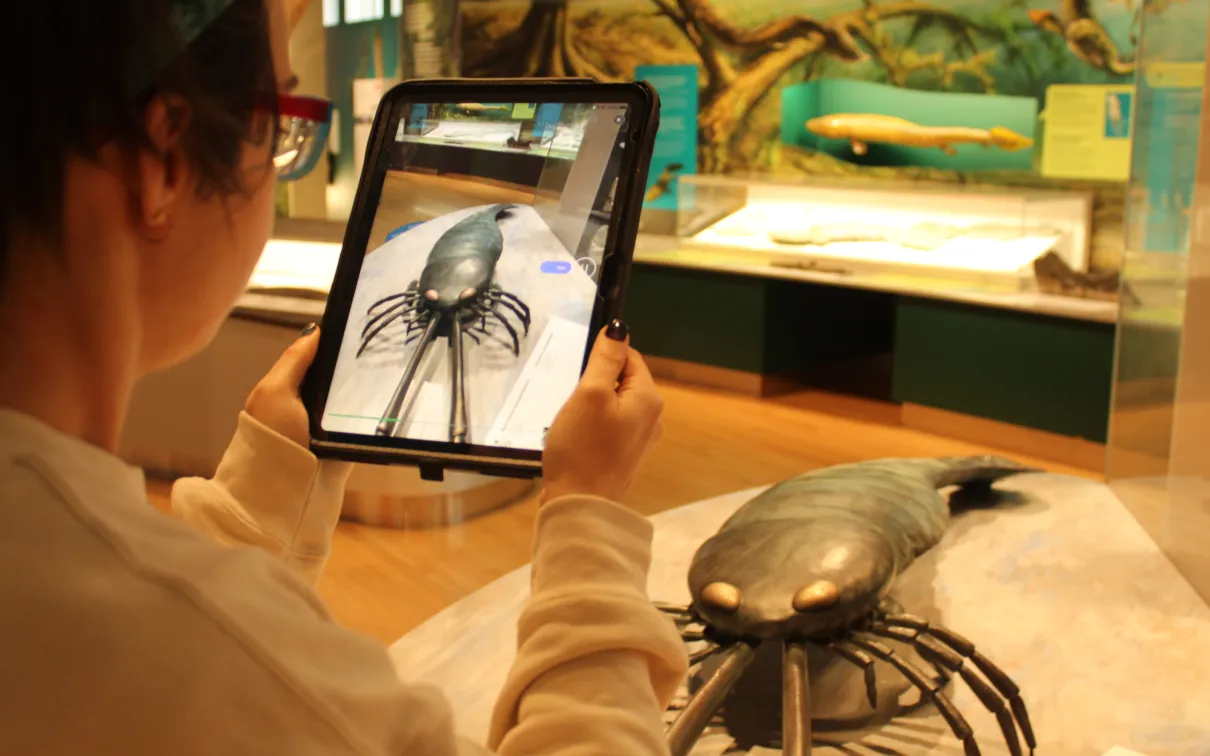 A person 3D scanning a reproduction of Acutiramus macrophthalmus (and the surrounding area) in a museum gallery