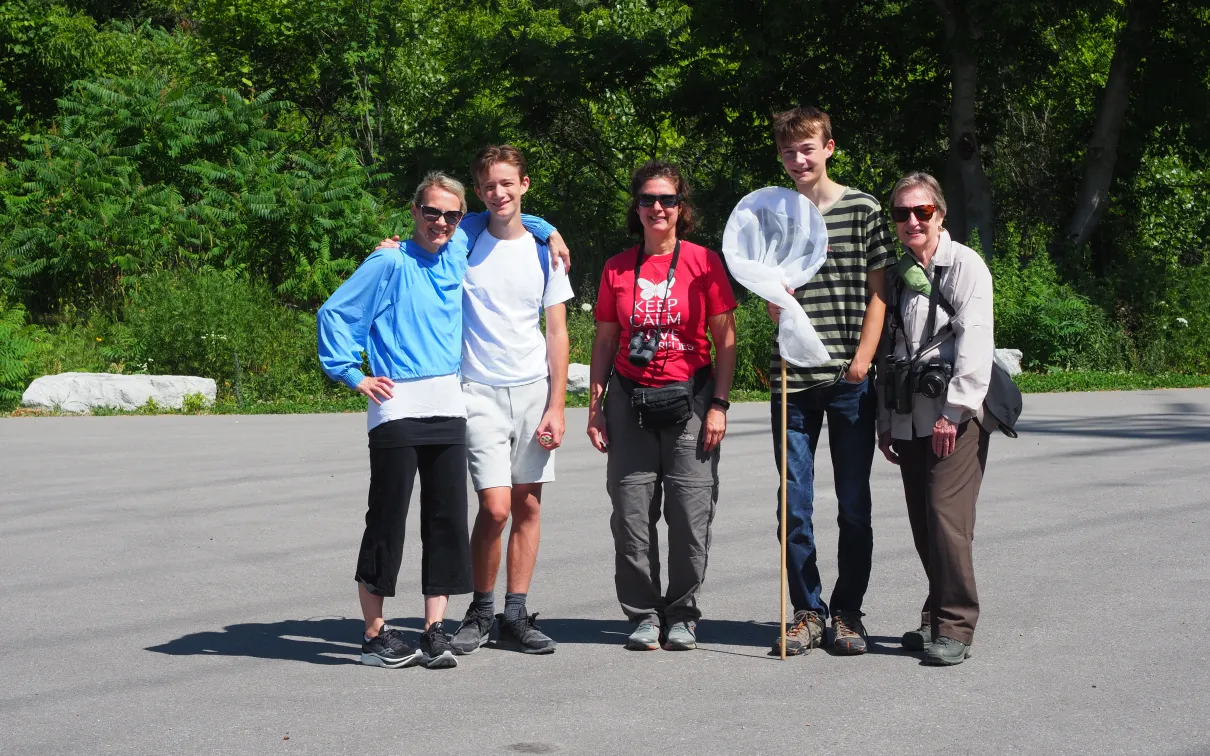 From left to right: Suzanne Robertson, Fisher Robertson, Antonia Guidotti, Beckett Robertson, and Margaret Kelch at Toronto’s annual butterfly count on July 9, 2022