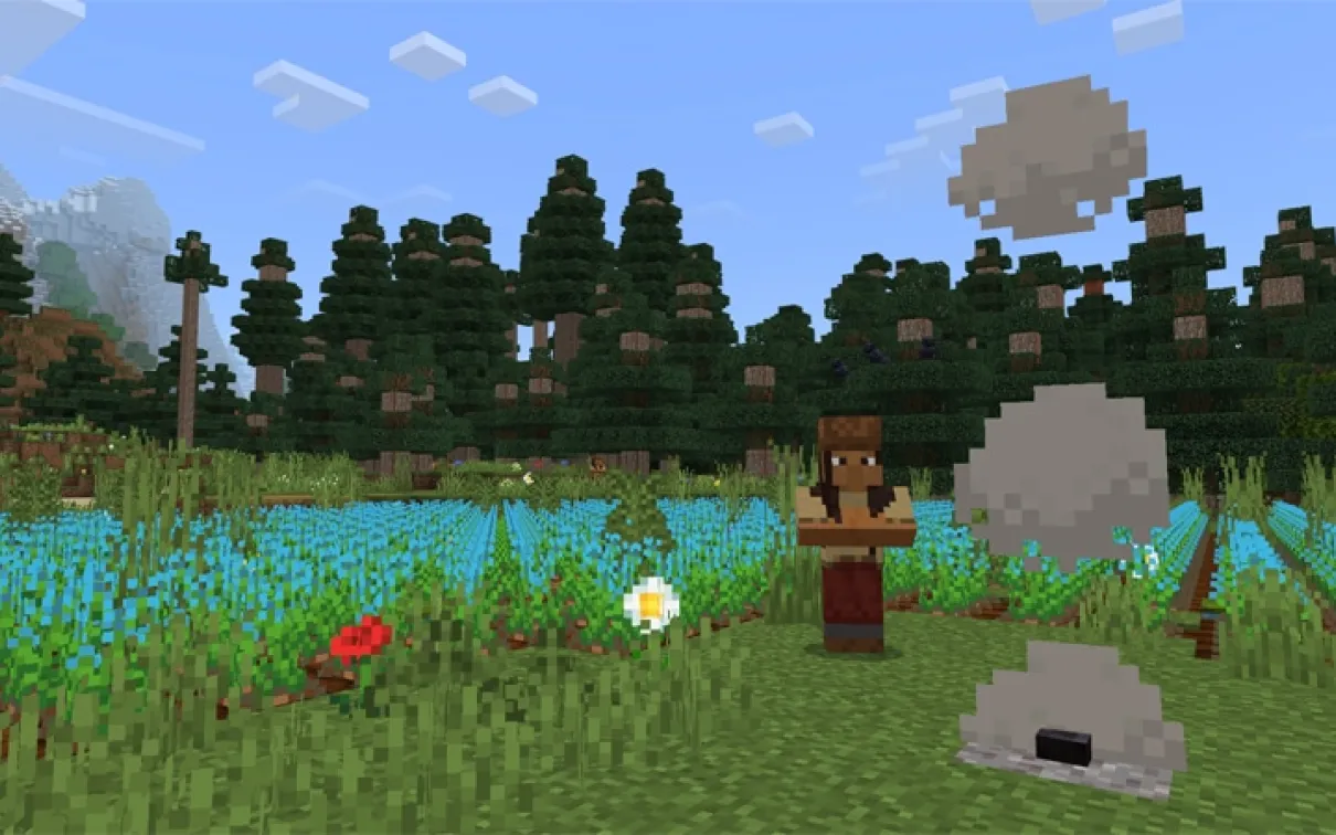 A Minecraft screenshot of an Indigenous Knowledge Carrier standing in front of a field of blue flowers.