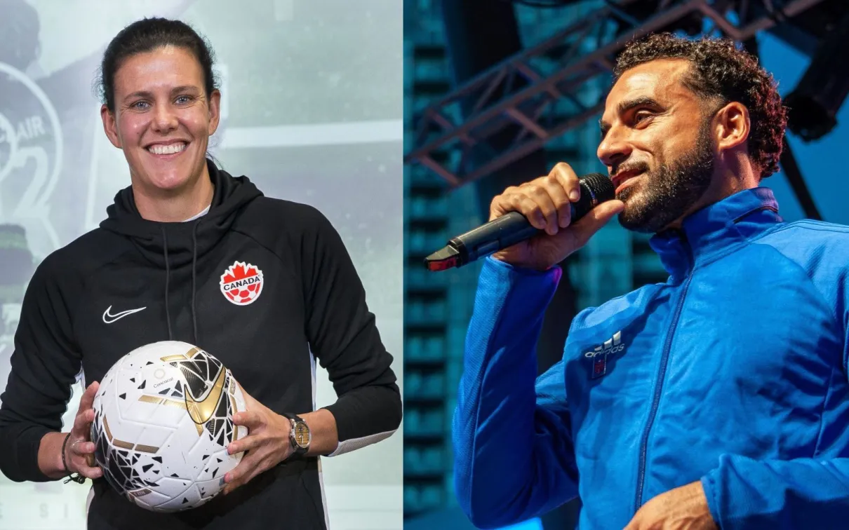 Portrait photos of Christine Sinclair and Dwayne De Rosario 