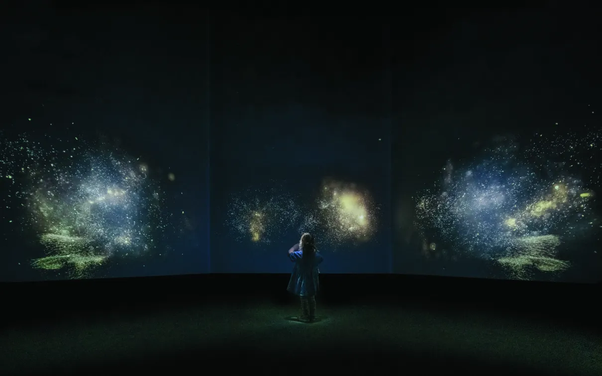 Galerie sombre où un seul visiteur se tient au centre, entouré de grandes scènes projetées de motifs et de lumières scintillantes, semblables à des étoiles, créant un environnement atmosphérique et contemplatif.