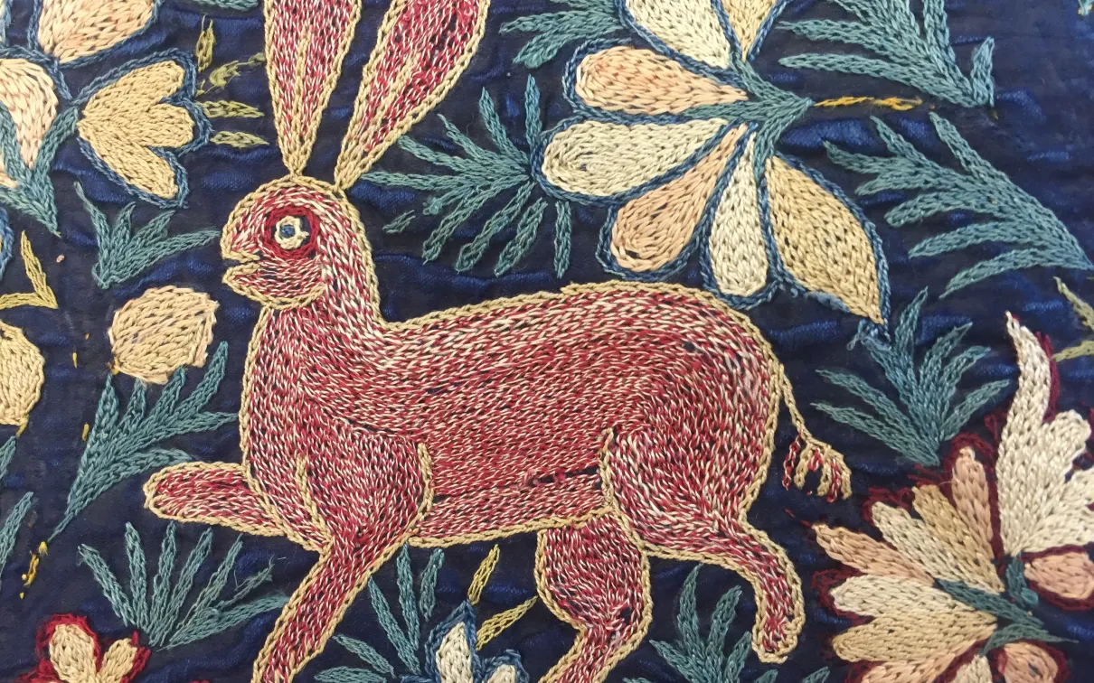 Detail, Colcha, Silk embroidery on silk cloth, Philadelphia Museum of Art Collection