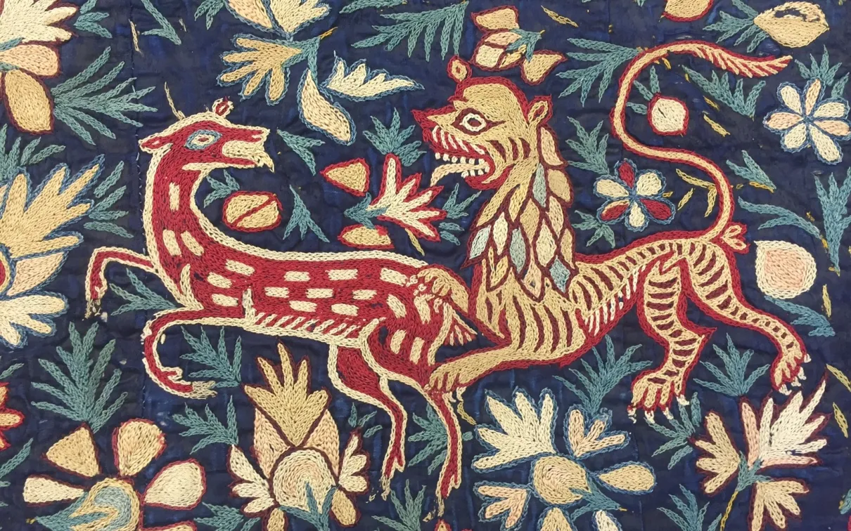 Detail, Colcha, Silk embroidery on silk cloth, Philadelphia Museum of Art Collection