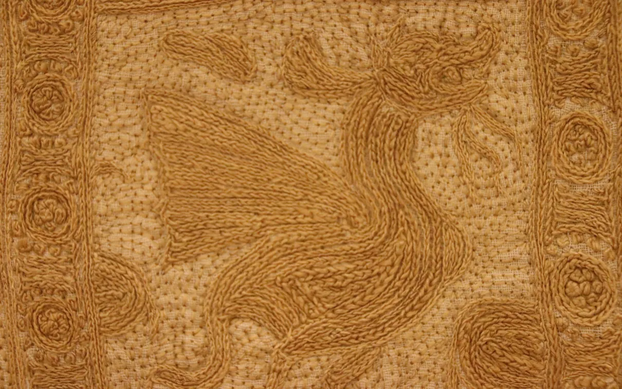 Detail, Colcha, Silk embroidery on silk cloth, Philadelphia Museum of Art Collection