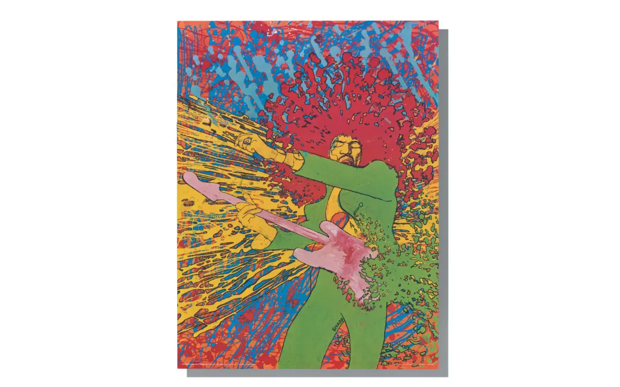 A vivid, psychedelic-style illustration of a human figure playing an electric guitar, surrounded by explosive splashes of red, yellow, blue, and green paint. The figure wears a bright green outfit and holds a pink guitar angled diagonally across the body, while energetic, dripping lines and paint bursts radiate outward, creating a sense of movement, sound, and intensity against a highly saturated abstract background.