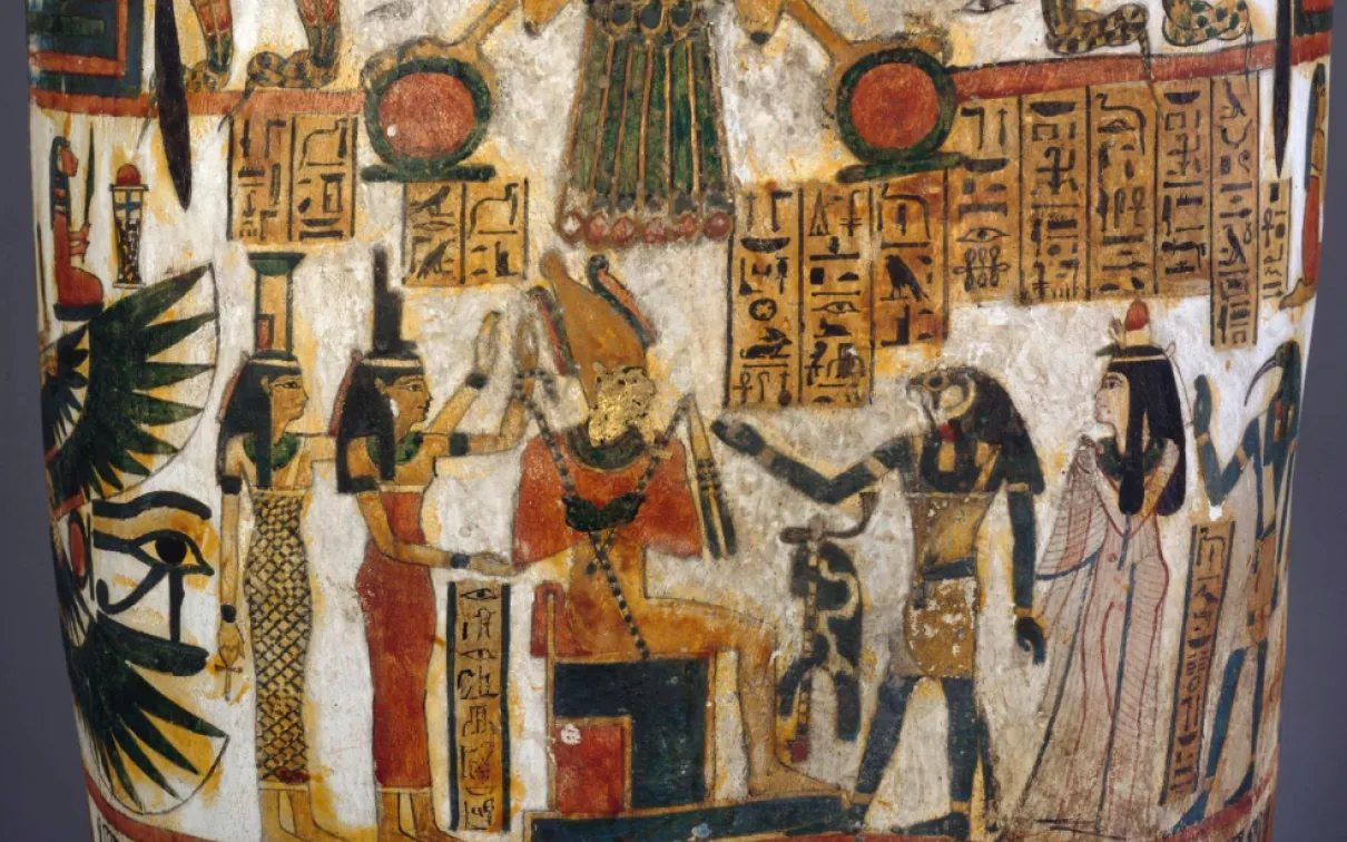 Egyptian painting of a woman being presented to the God Osiris