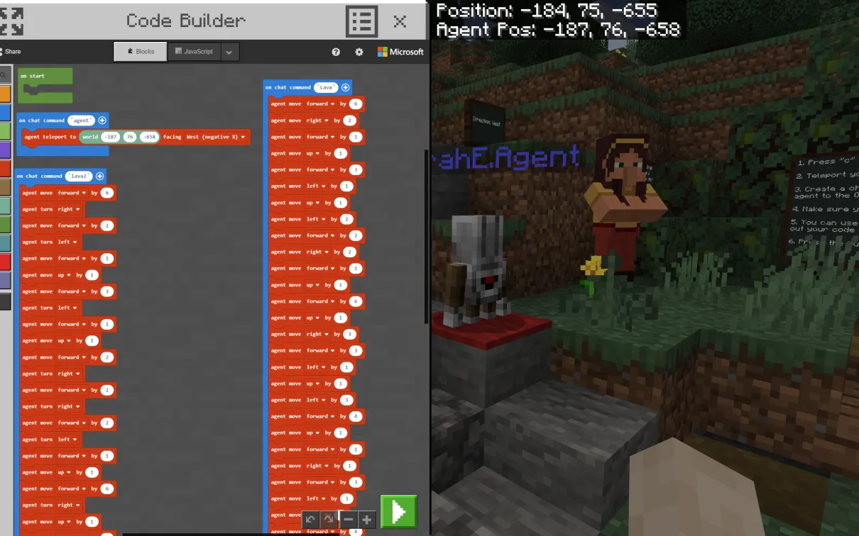A Minecraft screenshot of a coding interface