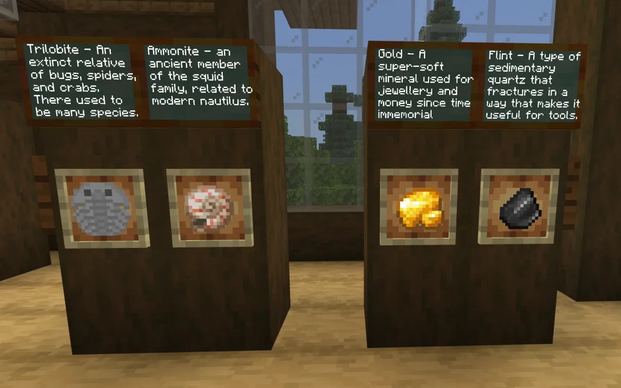 A Minecraft screenshot of items in frames including a custom-built trilobite