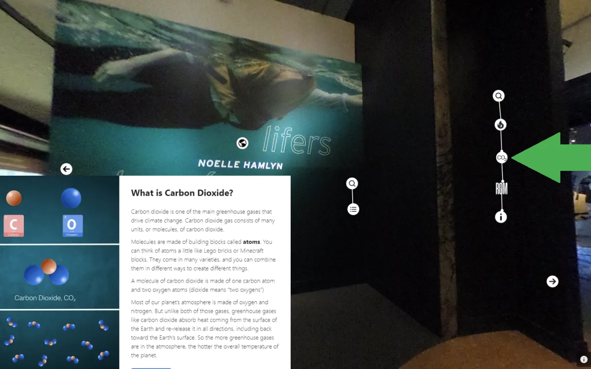 An interactive 360 image of a museum gallery with text of an interactive label
