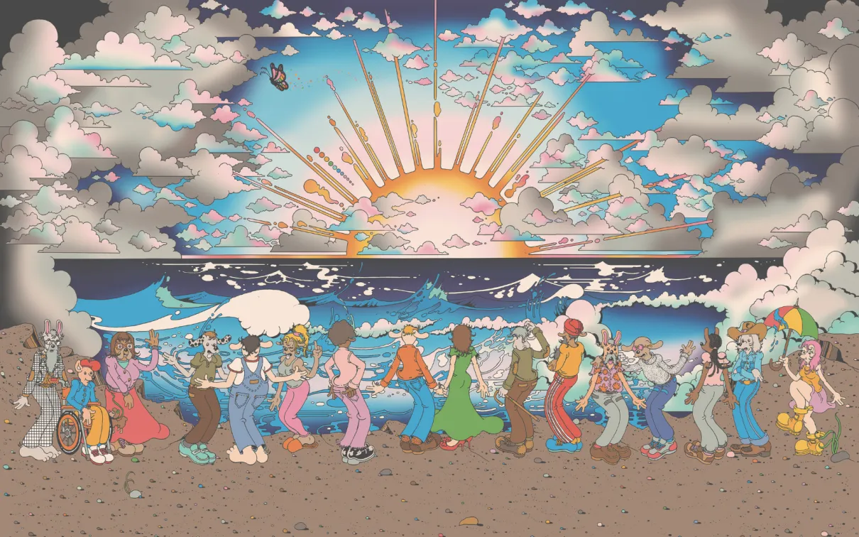 Fresque psychédélique représentant une foule hétéroclite de personnages fantaisistes, mi-humains mi-lapins, dansant sur une plage, avec des vagues déferlantes, un lever de soleil rayonnant et un ciel parsemé de nuages stylisés.