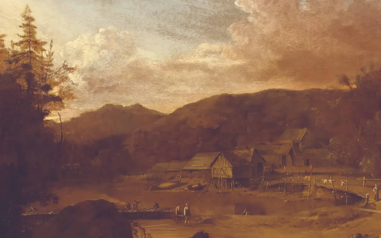 Tableau représentant un hameau rural au crépuscule, avec de petites maisons en bois, quelques personnages et des collines ondulantes sous un ciel spectaculaire, chargé de nuages.