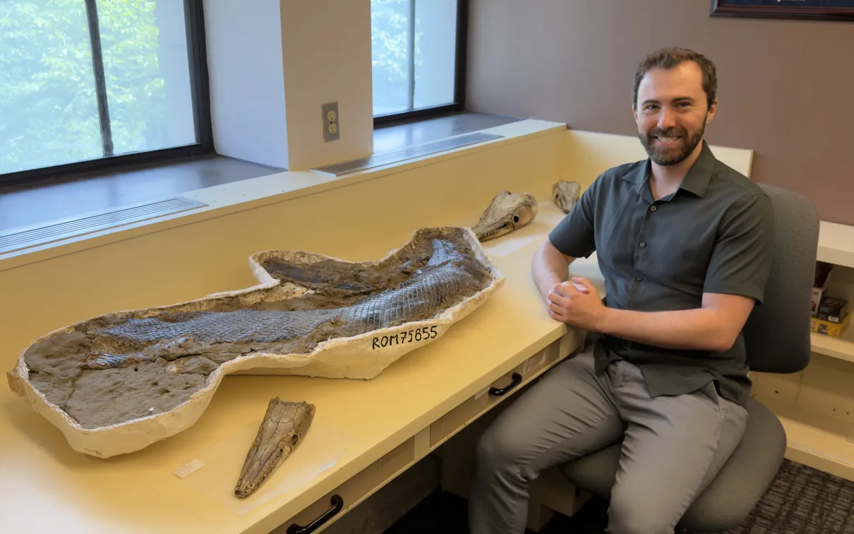 Tom Dudgeon sitting next to a long, irregularly shaped fossil on a white table near windows.