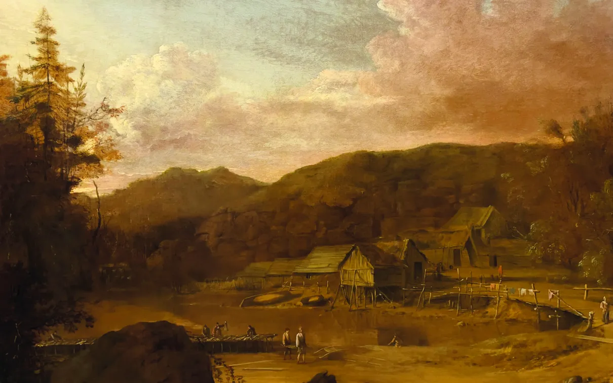Painting of a rural settlement at dusk, with small wooden buildings, a few figures, and rolling hills beneath a dramatic, cloud-filled sky.