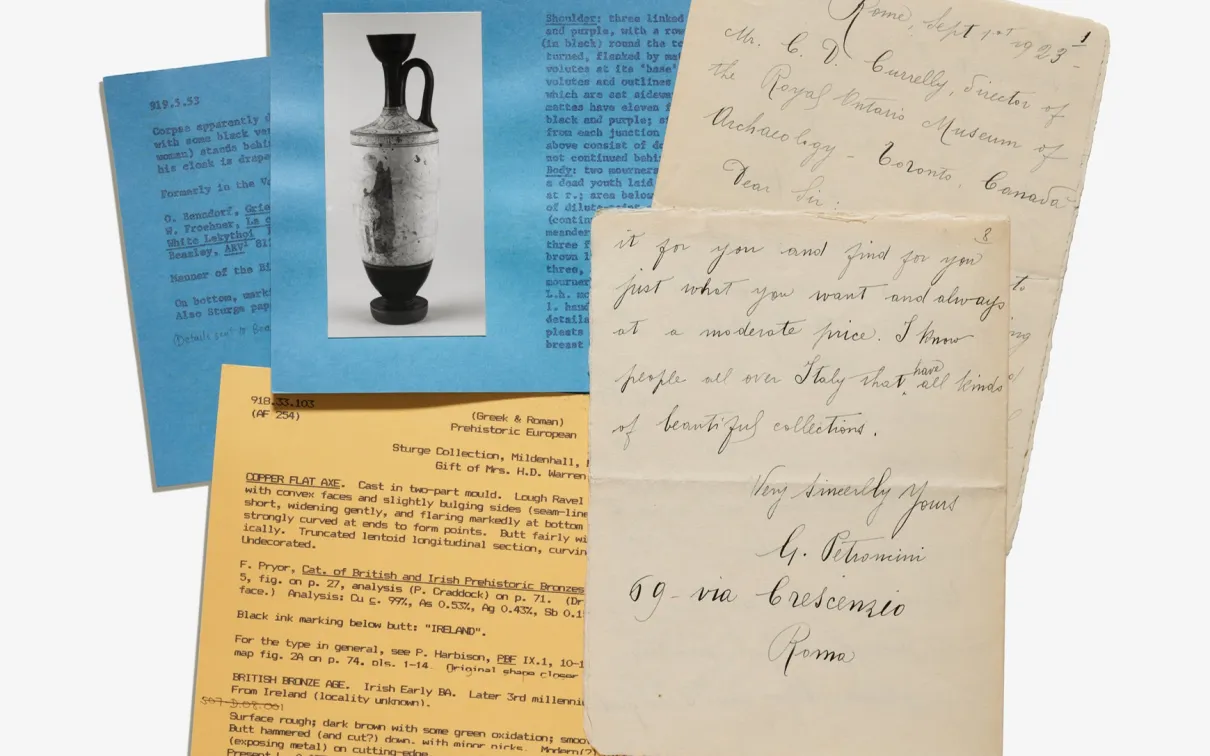 Four handwritten and typed letters arranged in a fan shape, one including a printed image of a ceramic jug.