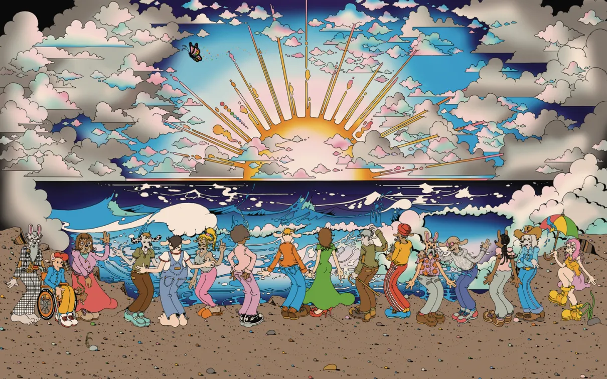 Colourful illustrated seaside scene showing a diverse group of whimsical characters dancing together along a beach, with ocean waves, clouds, and a radiant sunrise in the background.