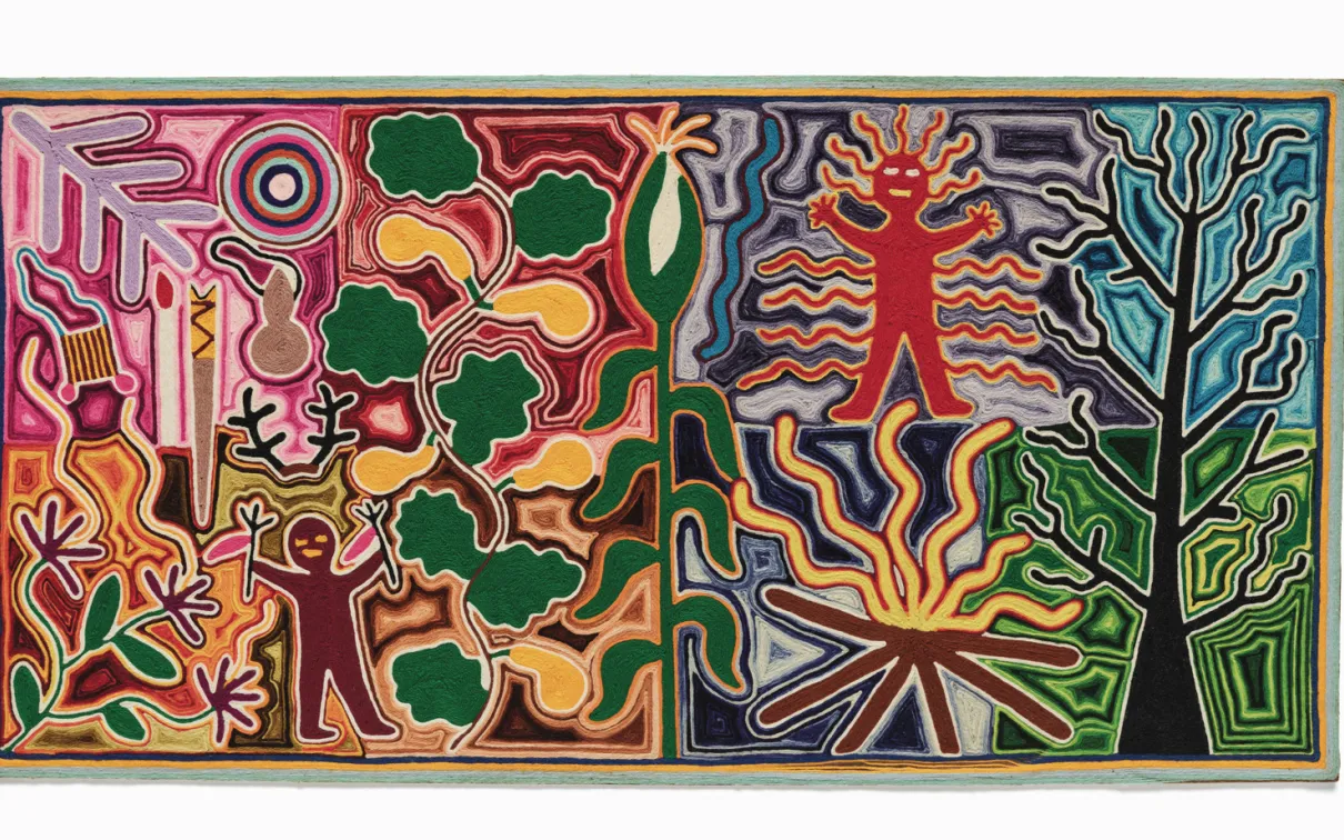 Colorful abstract textile artwork divided into two scenes, featuring stylized trees, plants, human-like figures, and a central fire rendered in bold outlined shapes and vibrant pink, blue, green, red, and yellow tones.