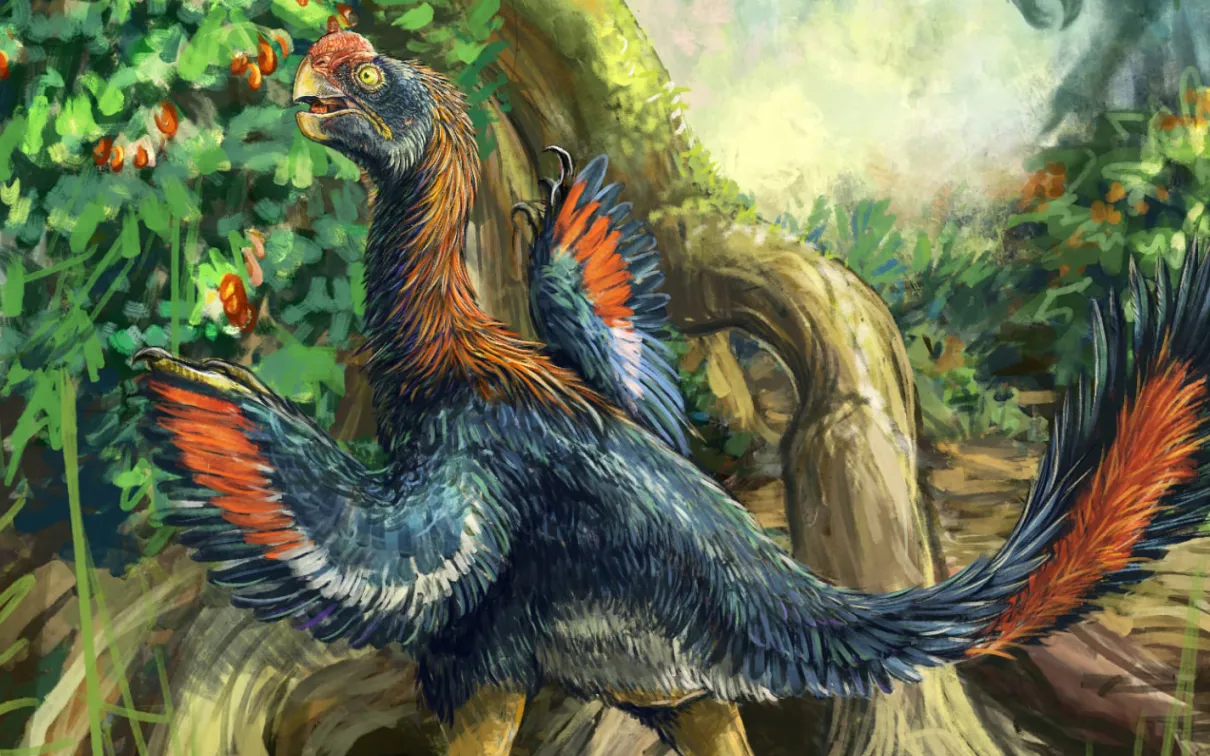Life reconstruction of the Hell Chicken Infernogallus munching on early fruit.
