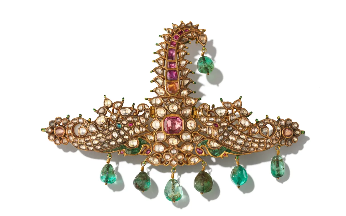 Ornament turban with with white sapphires, rubies, and emeralds set in kundan technique with enameled reverse in meenakari technique