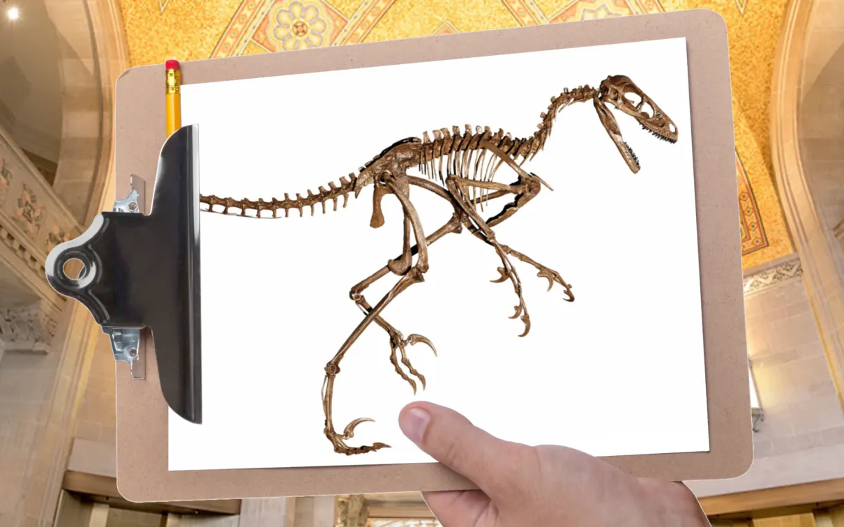 A hand holds a clipboard in front of a gallery with a mosaic ceiling. The clipboard is holding a picture of a raptor dinosaur skeleton.