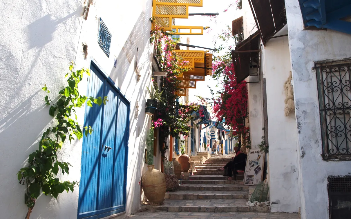 A quaint, colourful street lined with blue doors and walls adorned with vibrant flowers, featuring a blue sign and a series of steps leading up a cobblestone path.
