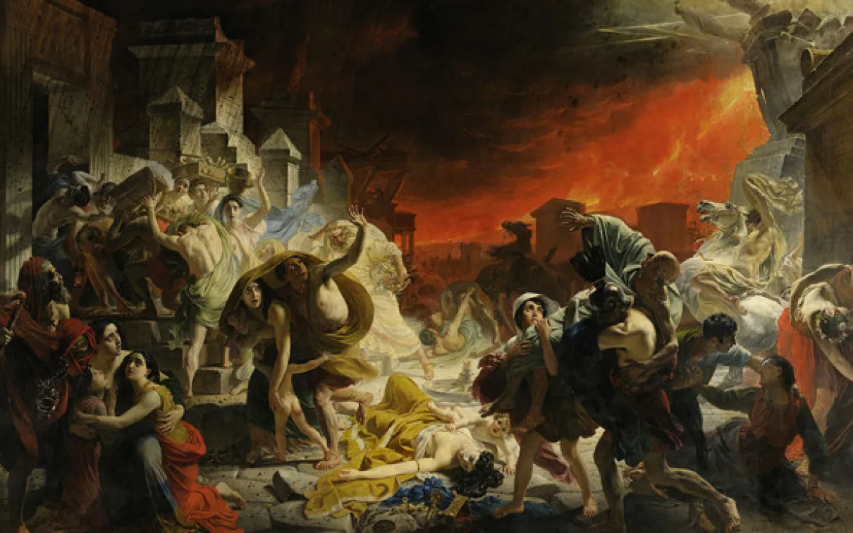 The Last Day of Pompeii is a large canvas painting by Russian artist Karl Briullov in 1830-33 (Hermitage Museum, public domain image)
