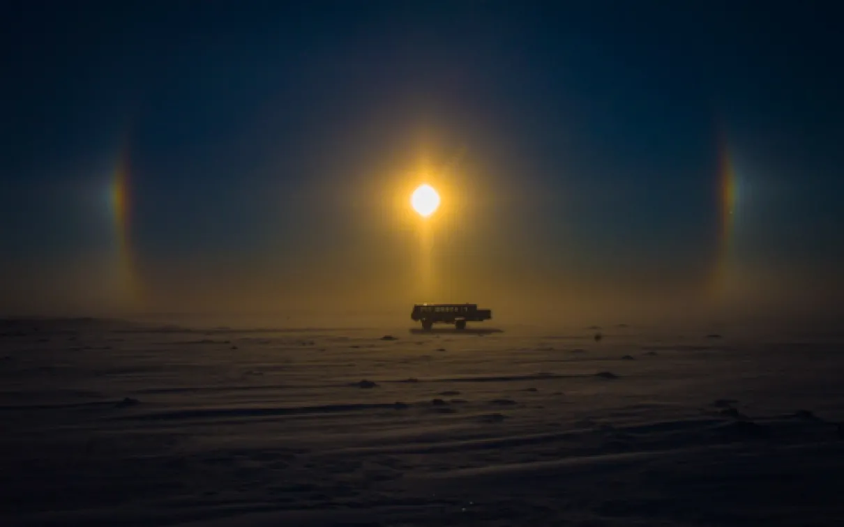 “Tundra Buggy and Sun Dog” Don Gutoski’s snowy view on a photography adventure in Cape Churchill, Manitoba.
